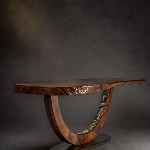 live edge walnut modern coffee table with old photos