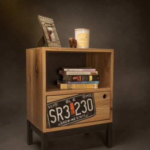 modern white oak nightstand with old license plate detail