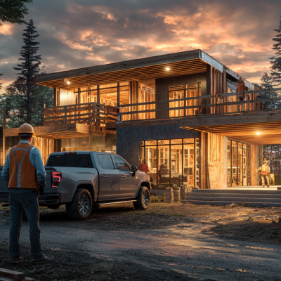 contractor looking over modern home build planning for who he'll use for custom cabinetry