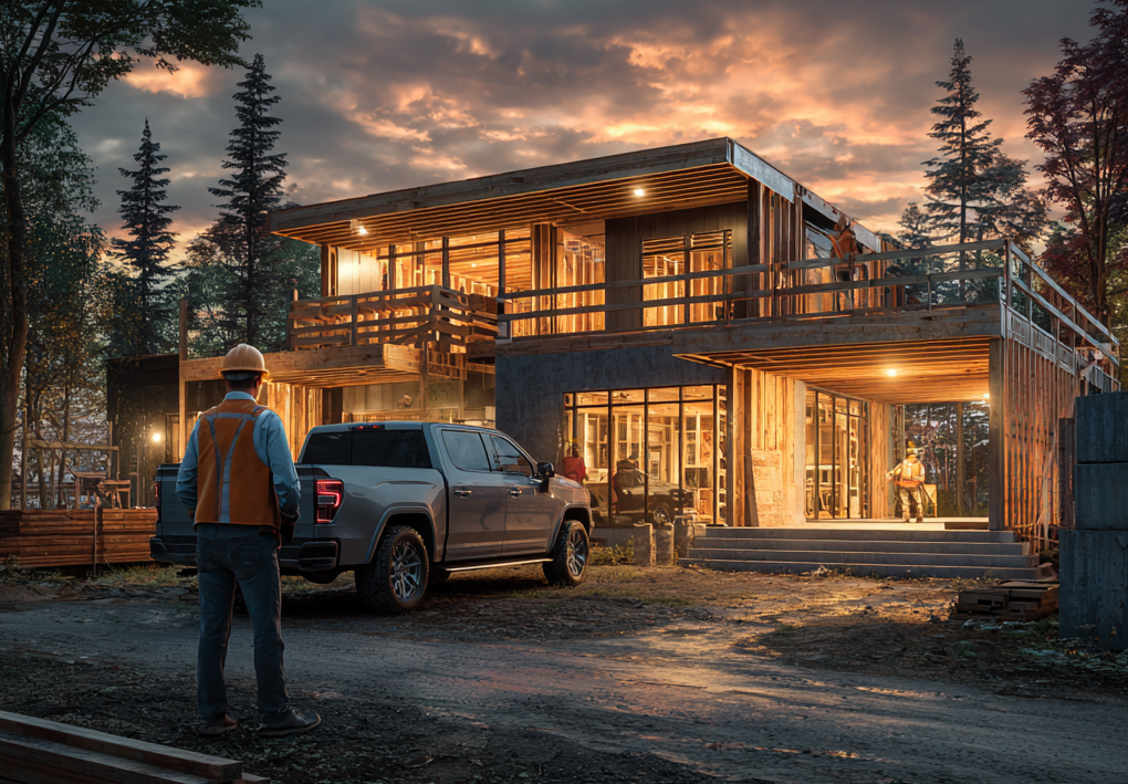 contractor looking over modern home build planning for who he'll use for custom cabinetry